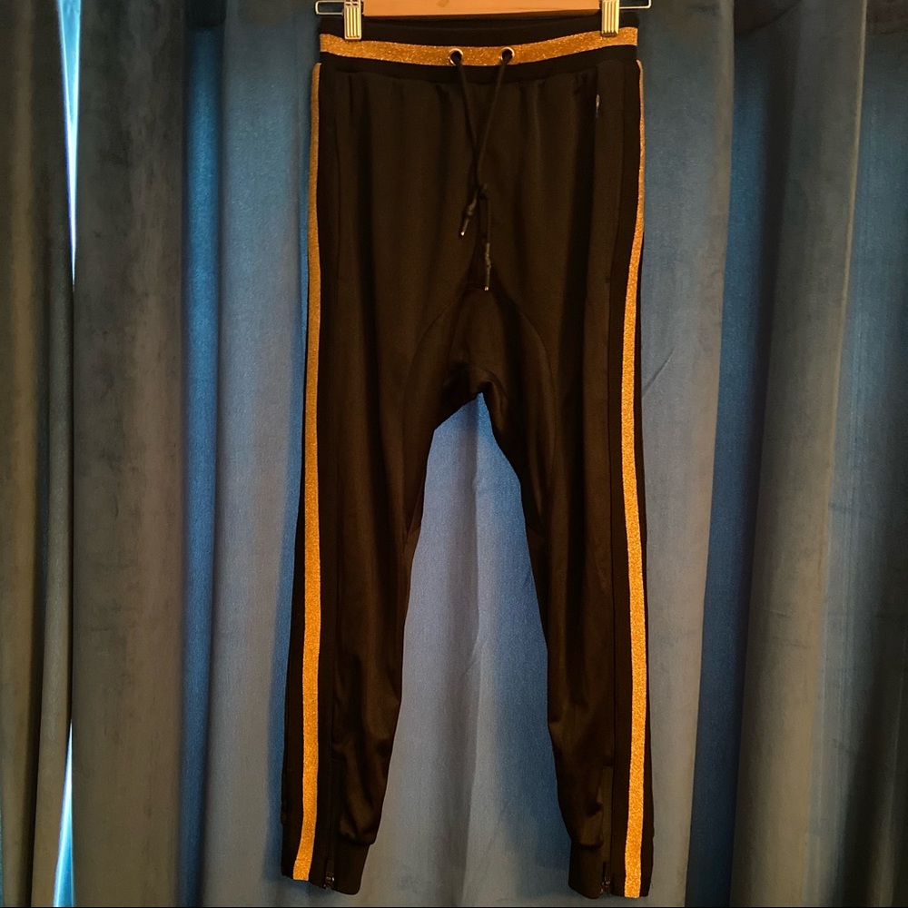 Drop crotch harem jogger sweats with gold stripe